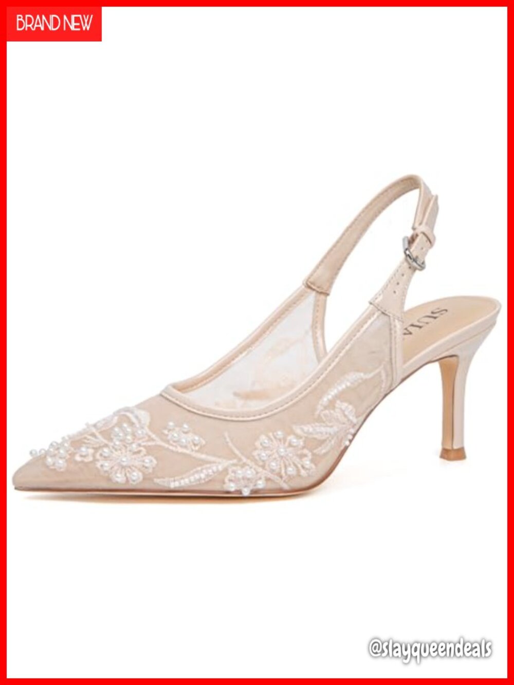Slingback Kitten Heel Wedding Pumps Lace Mesh Pearl Pointed Toe Bridal Shoes